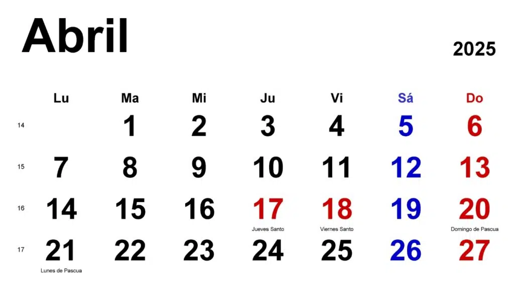 Calendario Semana Santa Abril de 2025