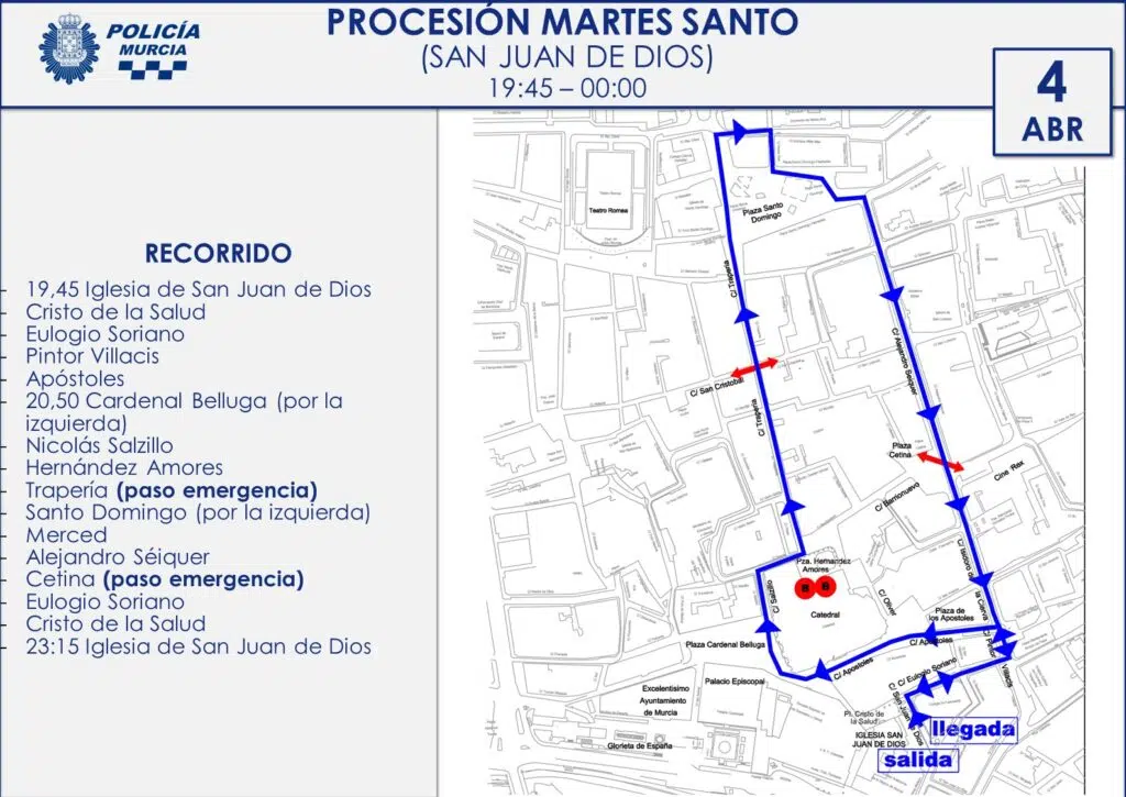 Itinerario Martes Santo Murcia San Juan de Dios